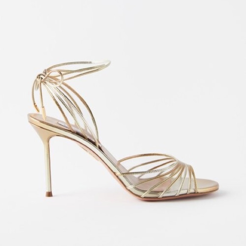 Aquazzura Call Me 85 Leather and PVC sandal in Gold, NWB, SZ 39 - Picture 3 of 16